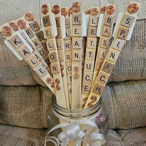 Wooden Garden Markers with Scrabble Tiles And Copper Accents,  Set Of 10